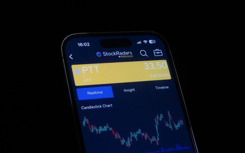 Close-up of a smartphone screen displaying a stock trading app with candlestick charts, showing real-time stock data.