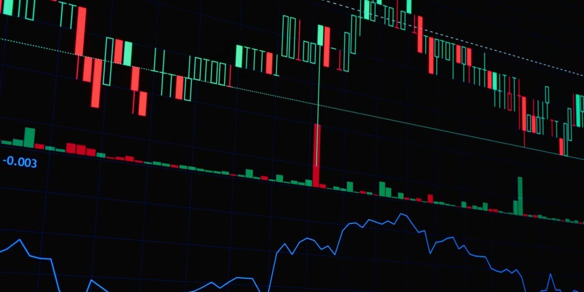 Colorful stock market chart showing candlestick patterns and line graph for financial analysis.