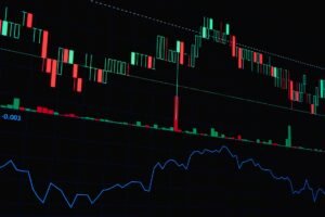 Colorful stock market chart showing candlestick patterns and line graph for financial analysis.
