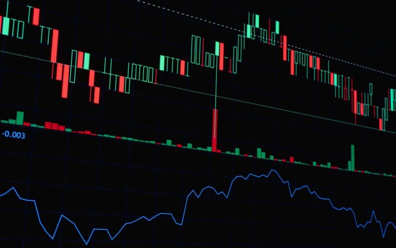 Colorful stock market chart showing candlestick patterns and line graph for financial analysis.