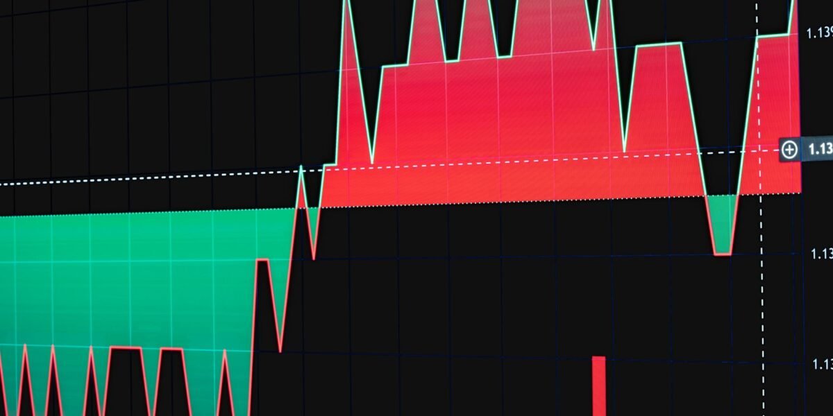 Dynamic trading chart showing cryptocurrency market trends with volume bars.