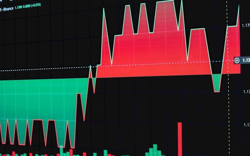 Dynamic trading chart showing cryptocurrency market trends with volume bars.