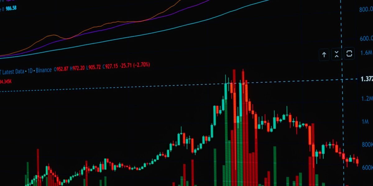 Close-up of a digital stock chart displaying cryptocurrency market trends in vivid colors.