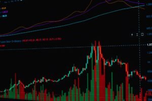 Close-up of a digital stock chart displaying cryptocurrency market trends in vivid colors.