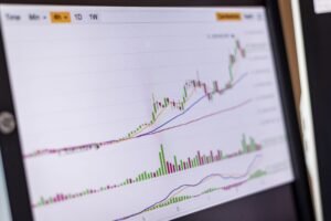 Close-up of a trading screen showing an increasing stock market chart.