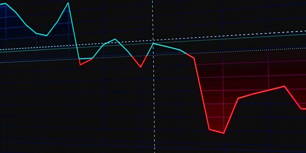 Visual representation of a fluctuating stock market chart with red and green lines.
