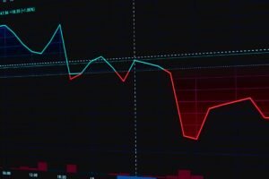 Visual representation of a fluctuating stock market chart with red and green lines.