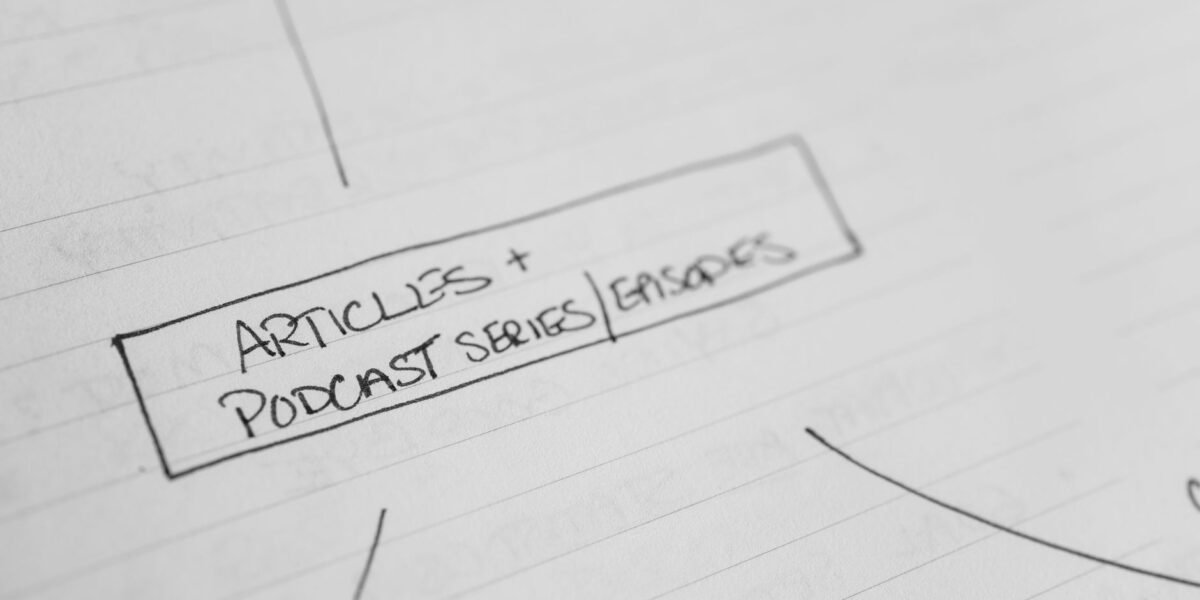 Detailed close-up of a handwritten mind map on lined paper focusing on articles and podcasts.