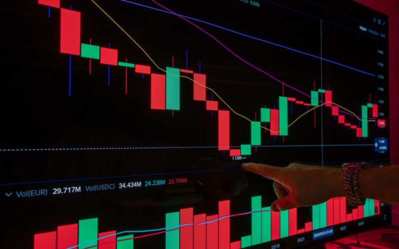 Analyzing financial market trends with a candlestick chart on a digital screen.