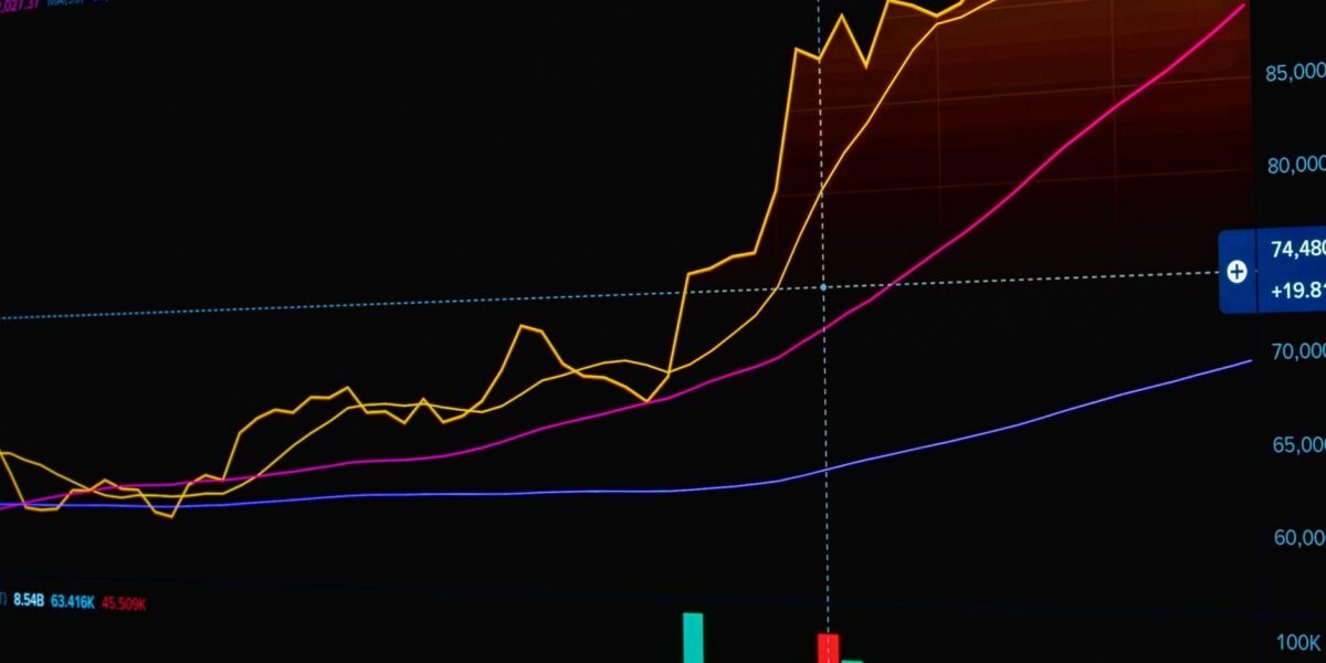 Stock market graph showing trends and data analysis with rising lines.
