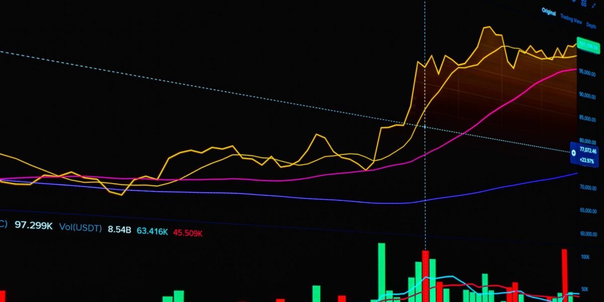 Dynamic chart depicting cryptocurrency market trends with price and volume over time.