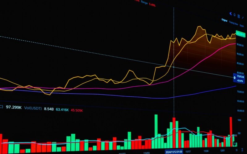 Dynamic chart depicting cryptocurrency market trends with price and volume over time.