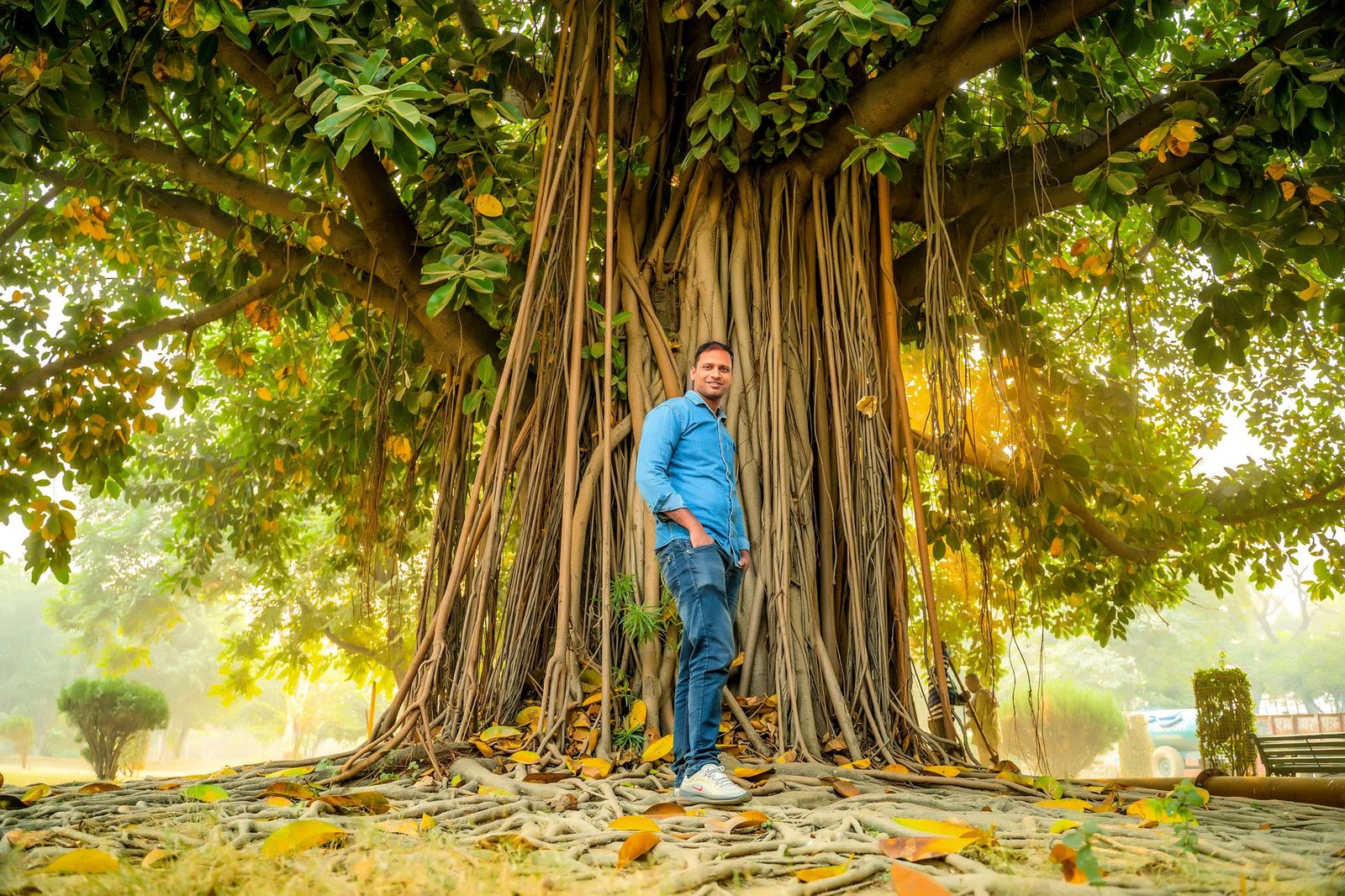 Asian man in denim posing with a smile under a large banyan tree on a sunny day.